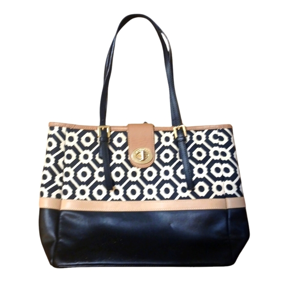 Spartina 449 Black and White Leather and Linen Shoulder Bag Tote - Picture 15 of 15